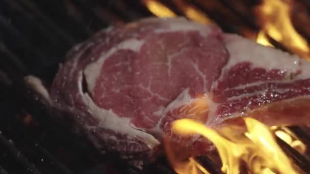 烤肉时生火 烤肉牛排在燃烧的烤架上烹调 烤牛肉 烤牛肉 烤牛肉 牛肉在烤肉架上冒着熊熊烈火 烤肉和烤肉烤肉 — 图库视频影像