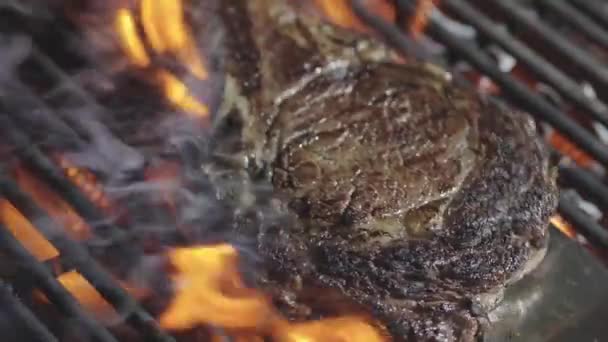 Grillowane Mięso Ogniem Jedzenie Kuchnia Stek Mięsny Gotujący Się Płonącym — Wideo stockowe