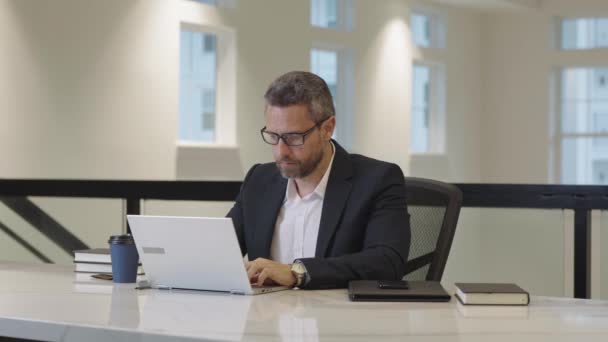 现代办公室的创业者创业者业主 工作空间 男性商业肖像 商人在办公室里与笔记本电脑一起工作 金融和就业 办公室工作人员 — 图库视频影像