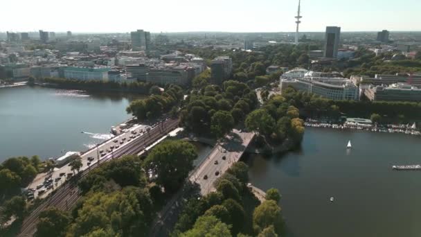 Miasto Hamburg Góry Panoramiczny Widok Lotu Ptaka Inner Alster Lake — Wideo stockowe
