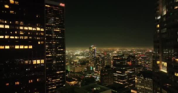 Los Angeles Skyline Lucht Drone Nacht Het Centrum Luchtfoto Van — Stockvideo