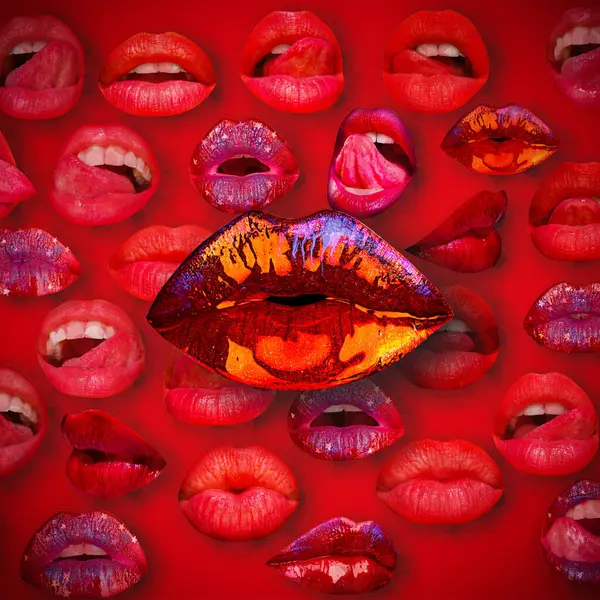 Lips and mouth. Female lip in red background. Design artwork with sensual lips. Abstract sexy lip on red background