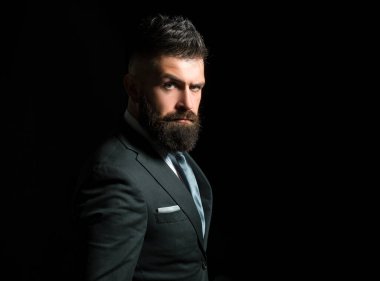 Zengin adam modeli. İş adamı konsepti. Koyu gri takım elbiseli, uzun sakallı bir iş adamı. Klasik takım elbiseli, gömlek ve kravatlı adam.