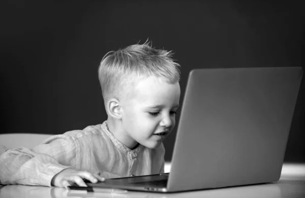 学校の授業でノートパソコンを使っている小さな生徒 面白いですブロンド生徒上の黒ボード — ストック写真