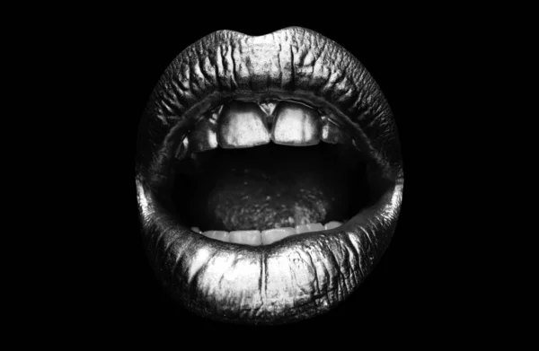 Ανοιξε Στόμα Κλείσε Αισθησιακή Γυναίκα Χρυσά Χείλη Γυναίκες Φυσικό Χρυσό — Φωτογραφία Αρχείου