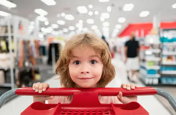 Dziecko Wózkiem Zakupy Sklepie Spożywczym Zabawny Dzieciak Wózkiem Zakupy Kupuje — Zdjęcie stockowe