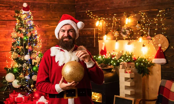 Hipster Man Bearded Santa Celebrate Thanksgiving Day Christmas Home Christmas — Stock Photo, Image