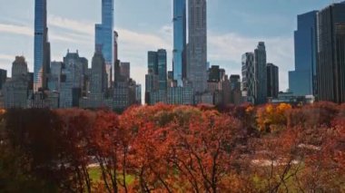 İnsansız hava aracından Autumn Central Park manzarası. Sonbaharda New York City Manhattan Central Park Havalimanı panoraması. Central Park 'ta sonbahar. Sonbahar New York. Central Park Yaprakların Sonbahar Renkleri