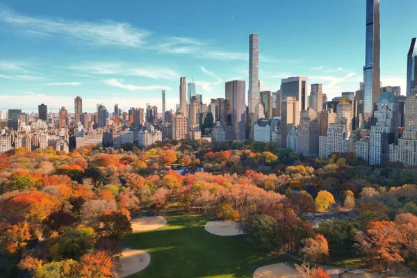 Jesienna Jesień Jesienny Widok Central Park Drona Zdjęcie Panoramy City — Zdjęcie stockowe