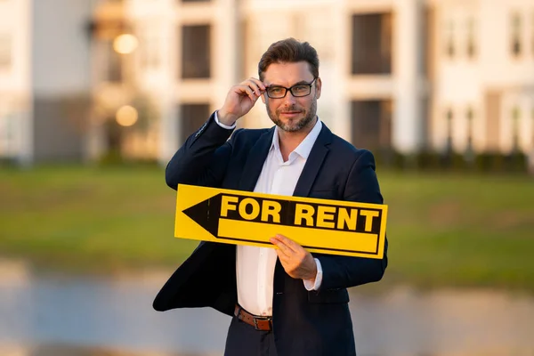 Handsome Real Estate Agent Holding Banner House Rent Real Estate — Stock Photo, Image