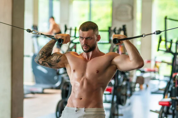 Muscular hunk with posing in gym. Fitness male model near gym equipment. Young muscular man workout. Sport man with strong muscular torso in gym. Sport and motivation. Exercises with weight