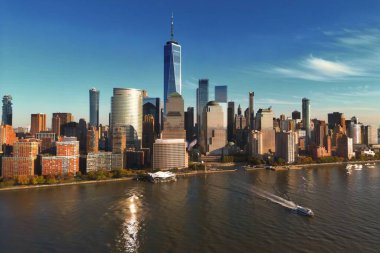 New York 'un gökdelenleri. Amerika 'ya git. New York, ABD. New York 'ta Manhattan manzarası. New York City, ABD şehir merkezi Manhattan finans bölgesi silüeti