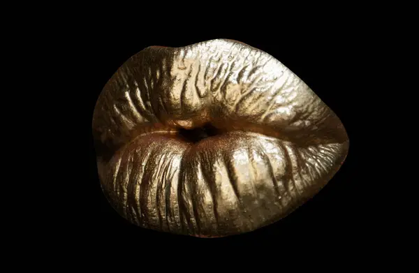 Altın Öpücük Kadınların Altın Öpüşen Dudakları Izole Edilmiş Arkaplanı Kapatır — Stok fotoğraf