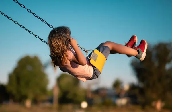 Little Boy Having Fun Swing Playground Public Park Summer Day —  Fotos de Stock