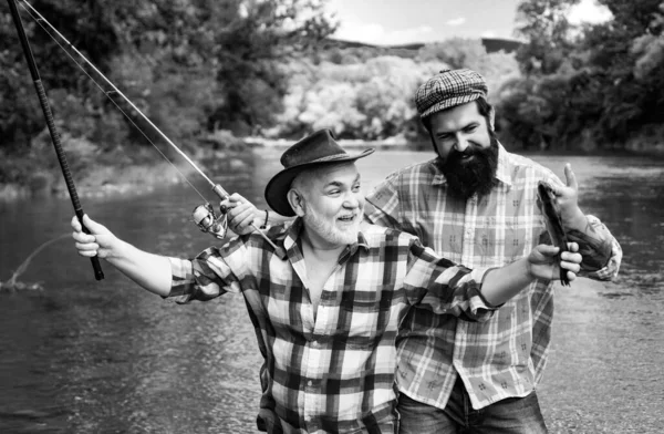 Fishing River Portrait Cheerful Two Bearded Men Fishing Difference Fly — Stock Photo, Image