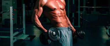 Banner templates with muscular man, muscular torso, six pack abs muscle. Bodybuilder in gym. Training and workouts. Dumbbells exercises. Sportsman with naked torso