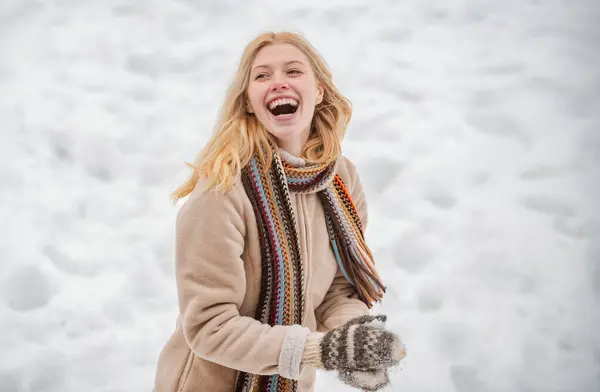 Cute Playful Young Woman Outdoor Enjoying First Snow Portrait Happy — Stock Photo, Image