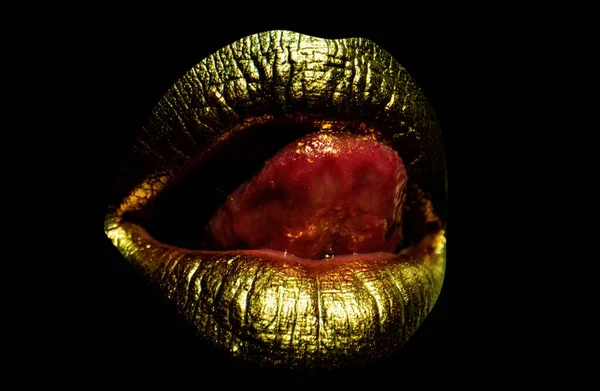 Sensual Golden Woman Lips Womans Gold Lip Female Mouth Close —  Fotos de Stock