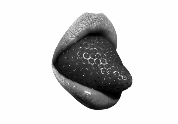 Seksowny Truskawkowy Język Usta Różowe Usta Wyizolowane Białym — Zdjęcie stockowe