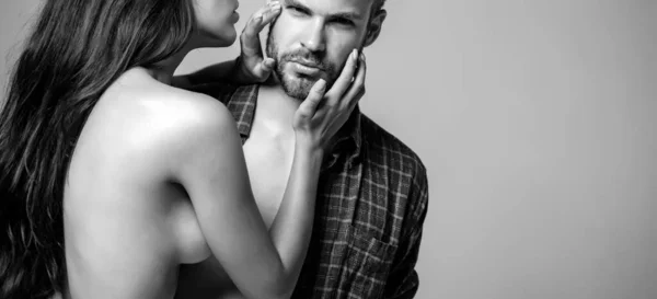 Sexy Hot Naked Woman Touching Face Handsome Bearded Man Isolated — Stock Photo, Image