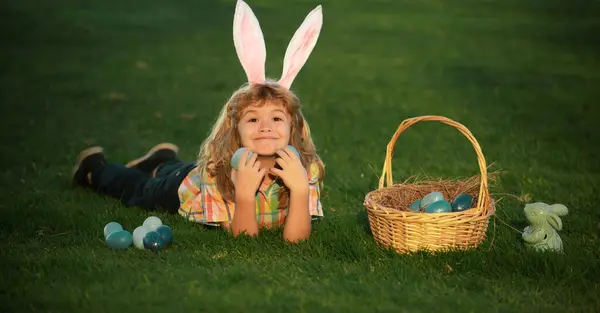 Child Boy Hunting Easter Eggs Spring Lawn Laying Grass Bunny — Fotografia de Stock