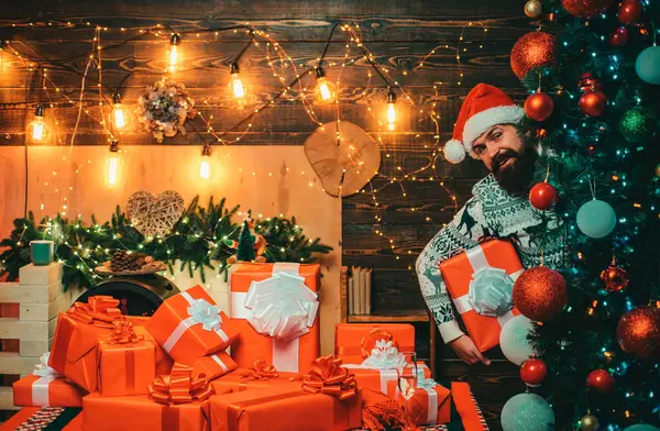 Bearded Modern Santa Claus Knitted Sweater New Year Gift Santa — Stock Photo, Image