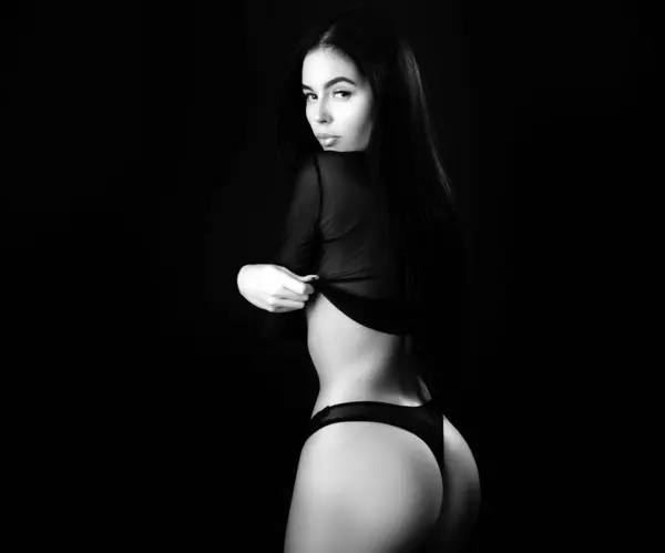 Sexy Vrouw Met Mooi Lichaam Zwart Erotisch Ondergoed Jurk — Stockfoto