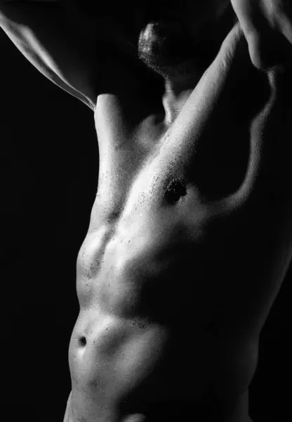 Nude man torso. Cropped body of sexy muscular naked gay. Athletic man fitness model