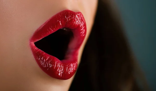 Wow expression, open mouth, oral. Art lips, awesome and surprising woman emotions, erotica. Close up sexy lip