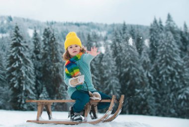 Çocuk kışın kızakla kayıyor, kartopuyla oynuyor. Kışın karda kayan bir çocuk. Kar ve ağaçların yağdığı Kış Noel Ormanı