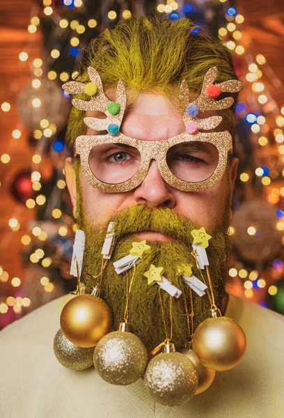 Bearded Modern Santa Claus Close Portrait New Year Christmas Card — Stock Photo, Image