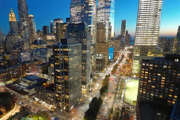 Éjszakai New York City Manhattan Híres Csúcspontja Éjszakai Manhattan Felülről — Stock Fotó