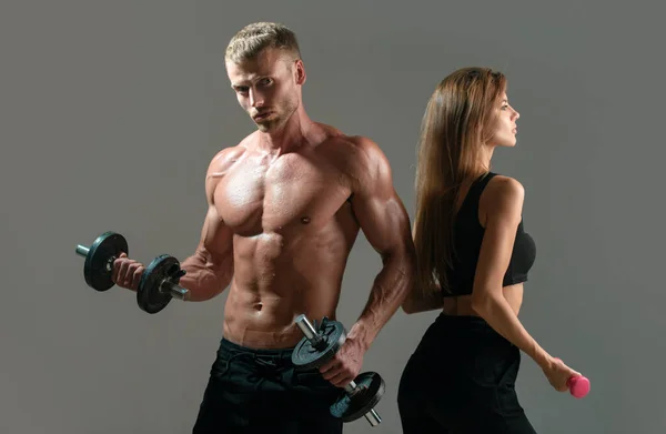Couple Fit Bodybuilders Muscular Man Beautiful Sexy Girl Dumbbells Muscular — Stock Photo, Image