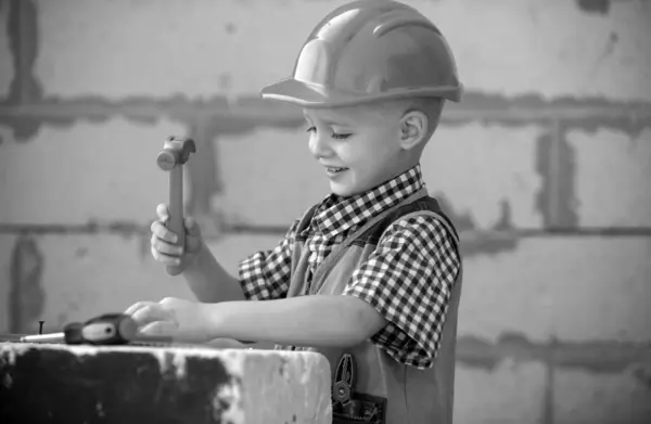 Little Boy Orange Protective Helmet Instruments Renovation Repair Home — Stock Photo, Image