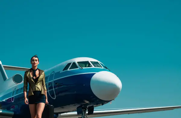 Stewardess Blue Uniform Traveling Jet Plane Flying Concept Beautiful Charming — Stock Photo, Image