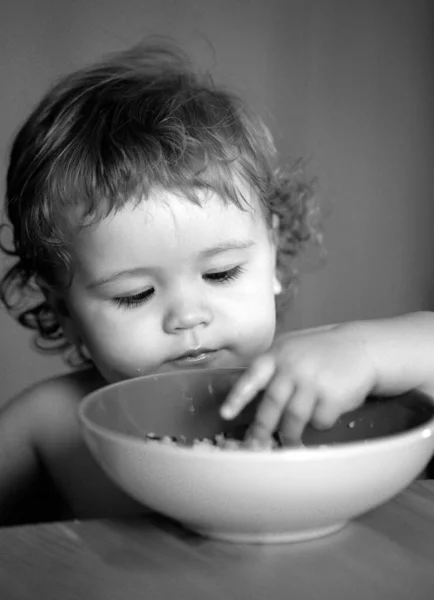 Healthy Nutrition Kids Portrait Cute Caucasian Child Kid Spoon Hungry — Stock Photo, Image