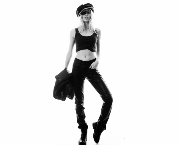 Woman Leather Jacket Hat Fashion Model Beautiful Young Woman Posing — Stock Photo, Image