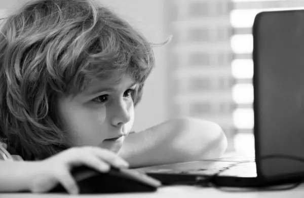 Närbild Porträtt Skolpojke Tittar Laptop Lektionen Utbildning Och Lärande För — Stockfoto