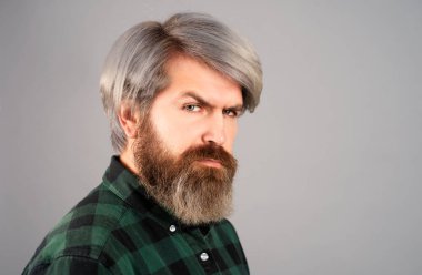 Berber dükkanı prosedürleri. Yakışıklı sakallı adam portresi. Bıyık ve moda saç modeli