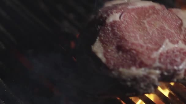 Pečené Maso Ohněm Hovězí Steak Grilu Plamenama Masové Steaky Hořícím — Stock video