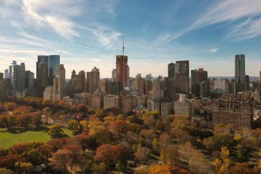Sonbahar Sonbaharı. İnsansız hava aracından sonbahar Central Park manzarası. Sonbaharda New York City Manhattan Central Park Havalimanı panoraması. Central Park 'ta sonbahar. Sonbahar New York. Central Park Yaprakların Sonbahar Renkleri