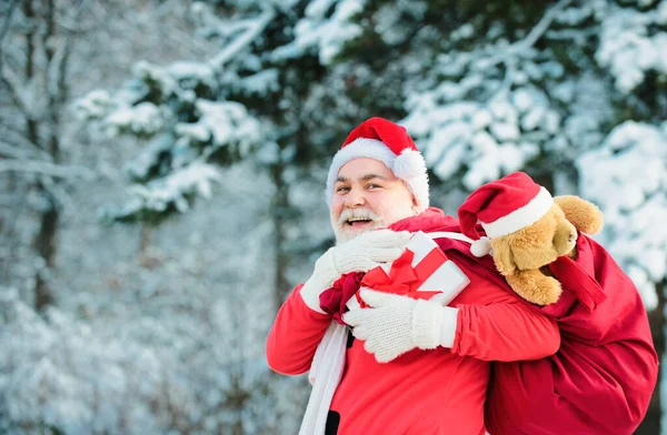 Śmieszne Santa Prezentem Wigilię Zewnątrz Jodle Śnieżnej Gałęzi Tła — Zdjęcie stockowe