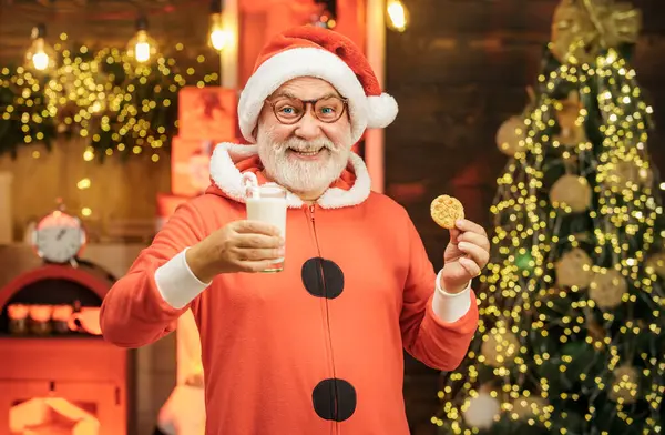 圣诞快乐 圣诞老人 圣诞老人在圣诞树下拿着饼干和牛奶 圣诞老人吃饼干 喝牛奶 大胡子的老圣诞老人在家里 — 图库照片