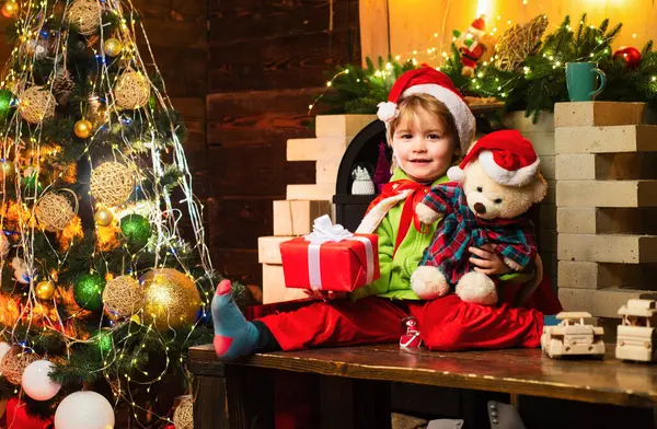 Happy Little Boy His Teddy Bear Christmas Gift Looking Camera — Stock Photo, Image