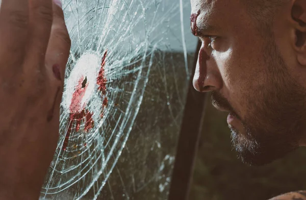 Man Punching Glass Confident Handsome Brutal Man Stylish Sexy Man — Stock Photo, Image