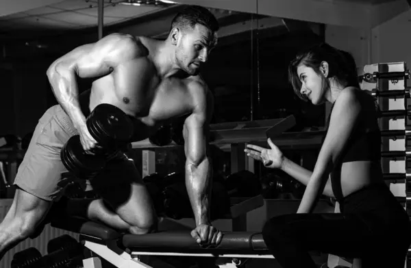 Athlete Doing Exercise Dumbbell Gym Woman Trainer Muscular Man Doing — Stock Photo, Image