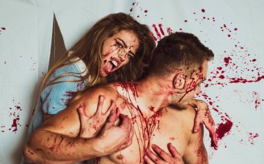 Kanlı bir çift. Korkunç zombi çift. Kana susamışlar. Zombi. Mutlu Cadılar Bayramı