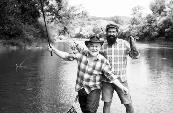 Two Men Friends Fisherman Fishing River Old Father Son Rod — Stock Photo, Image