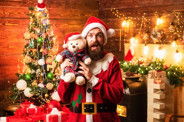 Hipster Santa Home Bearded Man Having Fun Christmas Tree Indoors — Stock Photo, Image