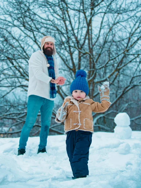 Father Son Snow Happy Father Son Winter Portrait Dad Baby — Stock Photo, Image